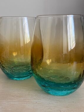 Pier 1 Ombre Amber to Teal Crackle Stemless Wine Glasses Set of Two (2)